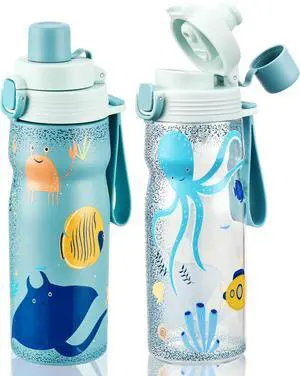Kids Water Bottle 2 Pack 17 oz Stainless Steel Vacuum Insulated cup and 21oz Tritan Sports Bottle BPA FREE Leak Proof Kids Water Bottle for School Boy Girl (Blue-Ocean)