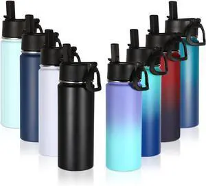 18oz Insulated Water Bottle Bulk 8 Pack Kids Stainless Steel Water Bottles with Straw Lid Wide Mouth Reusable Metal Cups Double Wall Vacuum Sports Flask For Cold Drink(Eight Color 8 Set)