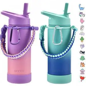 Mininoo Kids Water Bottle for School 16oz Stainless Steel Insulated Water Bottle Kids with Paracord Handle for Girls Boys (2 Pack)