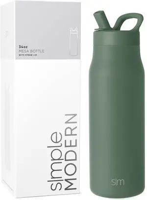 Water Bottle with Straw lid | Insulated Stainless Steel Thermos | Reusable Travel Water Bottles for Gym & Sports | Leak Proof & BPA Free | 34oz Olive Grove