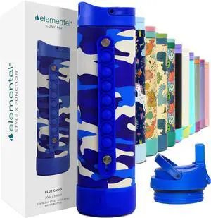 Iconic Kids Water Bottle with Straw Lid & Stress Reliever Pop It Handle Leak-Proof When Closed Triple Insulated Stainless Steel Reusable Thermos Water Bottle 20oz - Blue Camo