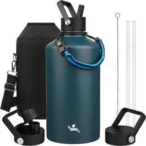 Gallon Insulated Water Bottle with Straw 128 oz 3 Lids Water Jug with Carrying Bag Paracord Handle Double Wall Vacuum Stainless Steel Metal Flask Navy Blue