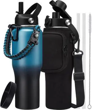 32oz 40oz Water Bottle Insulated - with Paracord Handle Waterbottle with Straw & Auto Spout Lid Insulated Water Cup Fit Car Cup Holder Vacuum Travel Coffee Mug Iced Cold 48h or Hot 24h