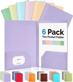 6Pack Folders with Pockets Pastel Colors Heavy Duty Pocket Folder Plastic Folders with Pockets 2-Pocket Folder Bulk Aesthetic File Folder Back to School Office Filing Supplies