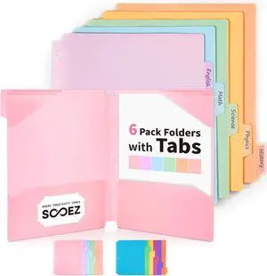 Plastic Folders with Pockets and Tabs 6 Pack Pocket Folders with Writable Label Stickers Fits 3-Ring Binder Holds Letter/A4 Size Paper Back to School Office Filing Supplies Pastel Colors