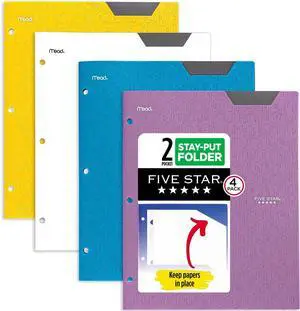 2-Pocket Folder 4 Pack Plastic Folder with Stay-Put Tabs Fits 3-Ring Binder Holds 8-1/2 x 11 Paper Tidewater Blue White Amethyst Purple Harvest Yellow (38065)