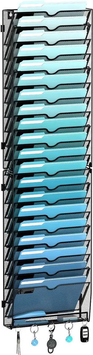 21-Tier Hanging Wall File Organizer with 5 Hooks Wall File Holder with Labels Vertical Wall Mount Mail Organizer for Papers Folders Magazines Office Organization Assembly Needed Black