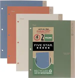2 Pocket Folders 4 Pack Recycled Plastic Folders with Stay-Put Tabs and Prong Fasteners Fits 3-Ring Binder Holds 11 x 8-1/2 Paper Writable Label Clay Green Blue Gray (33002)