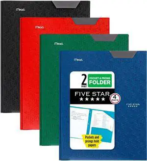 2-Pocket Folder 4 Pack Plastic Folder with Stay-Put Tabs and Prong Fasteners Holds 8-1/2 x 11 Paper Black Fire Red Forest Green Pacific Blue (38048)