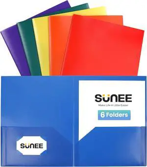 Folders with Pockets (6 Pack Assorted Colors) Plastic Folders with Pockets Poly Folders for Documents Letter Size 2 Pocket Folders for Kids Home School Office
