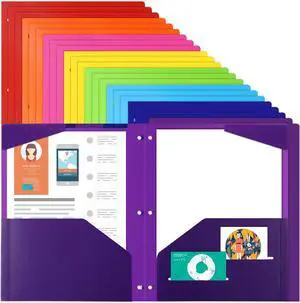 24pcs Folders with Pockets 3 Hole Punched Plastic Folders for 3 Ring Binder Poly Pocket Folders with 2 Pockets 8 Assorted Colors Heavy Duty File Folders for School and Office Letter Size