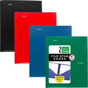 2-Pocket Folder 4 Pack Plastic Folder with Prong Fasteners Holds 8-1/2 x 11 Paper Black Fire Red Forest Green Pacific Blue (38140)