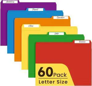 Colored File Folders Letter Size 60 Pack 6 Colors Bright Folders 1/3 Cut Tabs Assorted Pastel Color Office School Buiness Folders for Filing Organization Paper File Folder Bulk Set