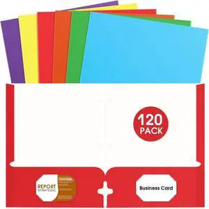 Folders with Pockets 2 Pocket Folders Bulk (120 Pack Assorted Colors) 3 Hole Punched with Business Card Slot Letter Size Paper File for School Office Home