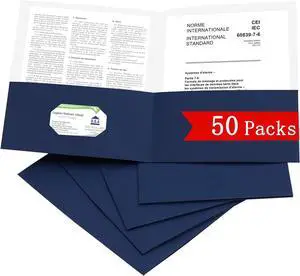 50 Packs Two Pocket File Folders with Business Card Slot Textured Paper Letter Size Holds 100 Plus Sheets for School Office Business Royal Blue