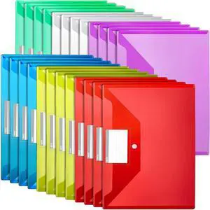 Plastic File Folders with Pocket 24PCS Plastic Envelopes with Snap Closure Folders for Documents Reusable File Bags A4 Size