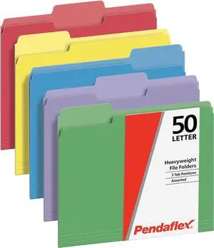 Heavyweight File Folders Assorted Colors Letter Size 1/3-Cut Tabs Extra Durable 50/Box Great for Office Filing & Organization (1006536)