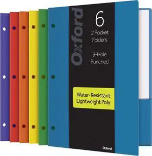 Oxford 2 Pocket Folders Plastic Portfolio Folder for School and Office 2-Pocket Paper Organizer 3 Hole Punch Letter Size Asst. Colors (Blue Green Yellow Orange Red Purple) 6 Pack (14187)