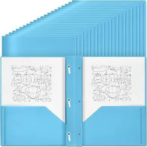 150 Pack Plastic Folders with Prongs Heavy Duty Plastic 2 Pocket Folder with 3 Prongs Business Card Slot for Back to School Office Home 11.6 x 9.5 Inch (Light Blue)