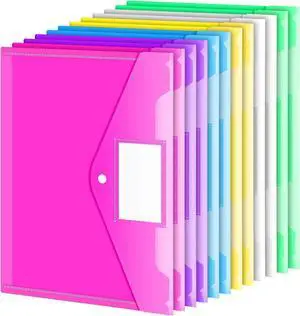 12 Pack Folders Plastic Envelopes Clear Plastic File Folder for Document Letter A4 Size Poly File Envelopes with Label Pocket Snap Button for Home Work Office Organizer 5 Colors