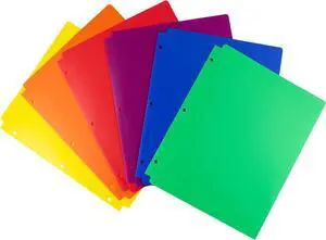 Plastic 2-Pocket Folders for 3-Ring Binders (6 Pack Assorted Colors) 3 Hole Punched Divider Folder for Notebook Durable Poly Fits 8.5x11 Sheets Includes Labels