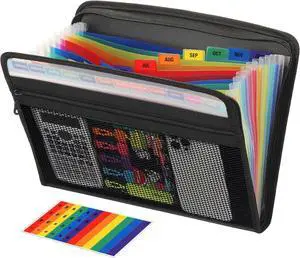 Zippered Accordion File Organizer with Front Mesh Pouch 13 Pocket Expanding File Folder Fit for Documents Letter Size A4 Papers Black