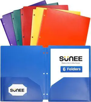 3 Hole Folders with Pockets (6 Pack Assorted Color) Plastic Folders for 3 Ring Binder Heavy Duty Binder Folder for Document for School Students Teachers Office Staf