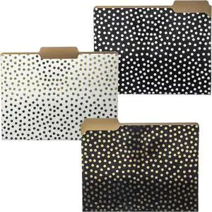 Designer Black White and Gold Polka Dots File Folders | Set of 9 (3 Designs) | Letter Size Organizers | Decorative Office Supplies | Durable Coated Cardstock | 1/3-Cut Tabs