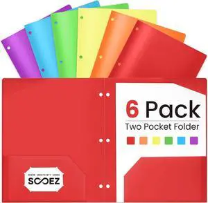 6 Pack Folders with Pockets 3 Hole Punched Plastic Pockets Folders for 3 Ring Binder with Labels Heavy Duty Binder Folder 2-Pocket Folder for Document Colored File Folders Letter Size