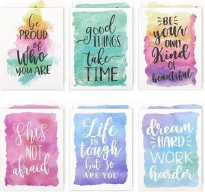 12 Pack Inspirational 2 Pocket Folders Letter Size 6 Decorative Motivational Designs for School Home Office Women Girls (9x12 inch) - Watercolor - Folders for School Girls