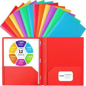 HABGP 12 Folders with Pockets and Prongs 2 Pocket 3 Prong Folders with Business Card Holder Plastic Heavy Duty File Folders for Documents Business Office School Supplies 12 Pack 6 Bright Colors