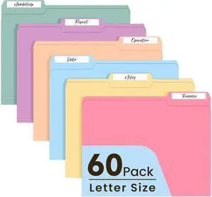 Colored File Folders Letter Size 60 Pack 6 Colors Manilla Folders 1/3 Cut Tabs Assorted Pastel Color Office School Buiness Folders for Filing Organization Paper File Folder Bulk Set