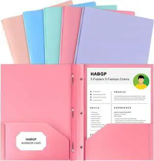 HABGP Two Pocket Folder With Prongs (5 Pack Pastel Colors) Plastic Folders With Pockets and Business Card Holder Fit Letter Size for Organizing Papers in School Office & Business