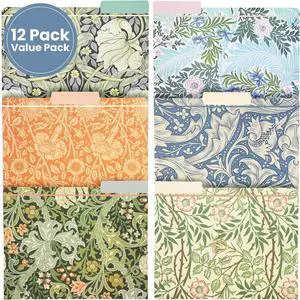The Gifted Stationary 12 Pack William Morris Floral File Folders Decorative 1/3 Cut Tab Letter-Size Holders for Home Office in 6 Patterned Designs - Decorative File Folders - Office Supplies