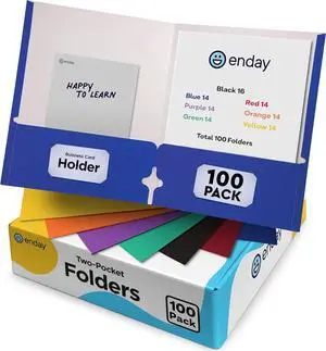 Paper Folders with Pockets (100 Pack) Assorted Colors - Letter Size Two Pocket Folder Premium Quality Bulk - Purple Blue Green Red Yellow Orange & Black by