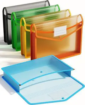 Plastic Expanding File Folder Transparent envelopes with Snap Closure No Dividers Large Capacity Assorted Colors Fit Letter/A4 Size - 5 Packs