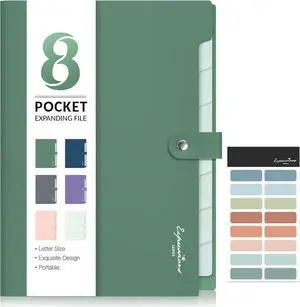 Elegant Accordion File Organizer 8 Pocket Expanding File Folders with Labels Portable Folder for Documents Cute Paper Organizer for School Office Supplies Letter Size Dark Green
