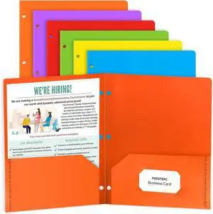 6 Pack Folders with Pockets Plastic 3 Hole Punched Binder Folders with Business Card Holder Colored Decorative File Folders for Documents Filing Cabinet School Office Business
