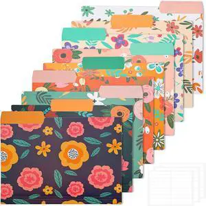 9pcs Decorative File Folders Letter Size 1/3-Cut Tabs Plastic File Folders for Documents with Colorful Floral Patterns and Erasable Category Labels for Notes Office and School Supplies