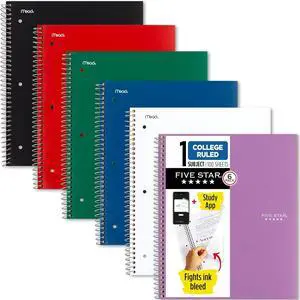 Spiral Notebook + Study App 6 Pack 1 Subject College Ruled Paper 8-1/2 x 11 100 Sheets Fights Ink Bleed Water Resistant Cover Assorted Colors (38052)