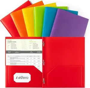 Folders with Pockets and Prong with Fasteners (6 Pack Assorted Colors) Durable Plastic Pocket Folders with Prongs Tear Resistant 2 Pocket 3 Prong Folders for Schoolwork & Office Letter Size