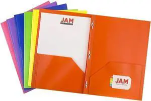 JAM PAPER Plastic Color POP Folders - 2 Pocket Durable Folders with Metal Prongs Fastener Clasps - Assorted Primary Colors - 6/Pack
