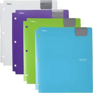 4-Pocket Folders Folders with Pockets Fits 3 Ring Binder Plastic Teal White Purple Lime 4 Pack (73274)