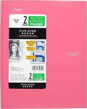 2-Pocket Folder Stay-Put Folder Plastic Colored Folders with Pockets & Prong Fasteners for 3-Ring Binders For Home School Supplies & Home Office 11 x 8-1/2 Pink (72105)