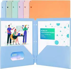 Folders with Pockets 3 Hole Punched 6 Pack Plastic Folders for 3 Ring Binder Letter Size Colored Poly Folders with Business Card Slot for School Students Teachers 6 Pack