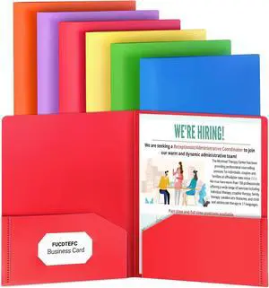 Plastic Folders with Pockets 2 Pocket Folders Fit Letter Size Paper Heavy Duty Paper File Folder with Business Card Holder for School Office Home Business (6 Pack Assorted Colors)