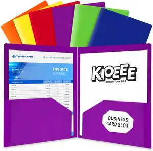 Heavy Duty Plastic Folders with 2 Pockets (6 Pack) Fit Letter Size Paper Business Card Slot Assorted Colors for School Office and Home