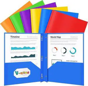6 Packs 2 Pocket Folders with 3 Prongs Fastener Clasps Bulk Heavy Duty Plastic Folders Multicolor Files Folders in 6 Colors for School and Office
