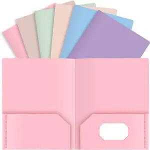 Plastic Folders with Pockets - Pastel Folders 6 Pack Durable 2 Pocket File Folders with Business Card Slot Letter Size for School Office Home