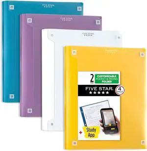 2-Pocket Folder + Study App 4 Pack Plastic Folder with Prong Fasteners and Customizable Clear Cover Holds 8-1/2 x 11 Paper White Purple Yellow Blue (340220B-ECM)